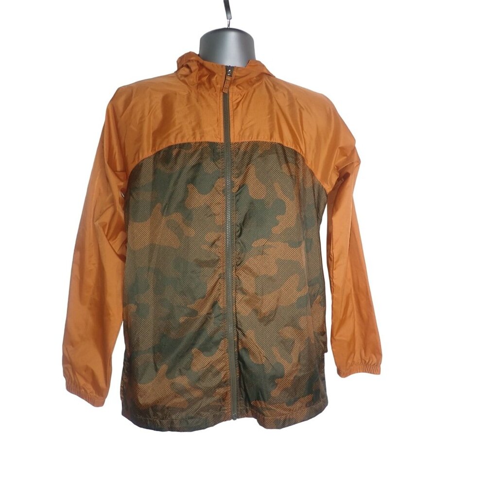 Land's End Orange & Camo Hooded Windbreaker Jacket 18/20 Youth Nylon Lightweight